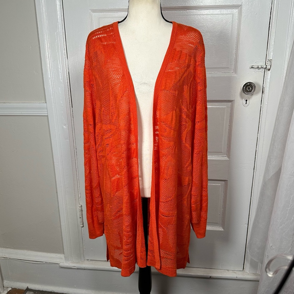 Chico's Orange Pointelle Palms Cardigan Sweater Open Knit Boho Casual XL NWOT - Picture 13 of 17